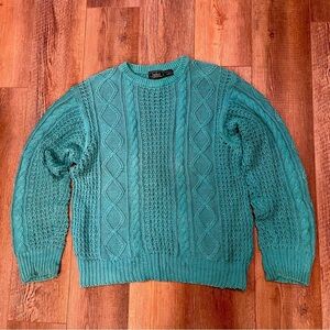 Vtg FINALIST Cable Knit Fishermans Sweater Mens L Ramie Cotton‎ Aqua Long Sleeve